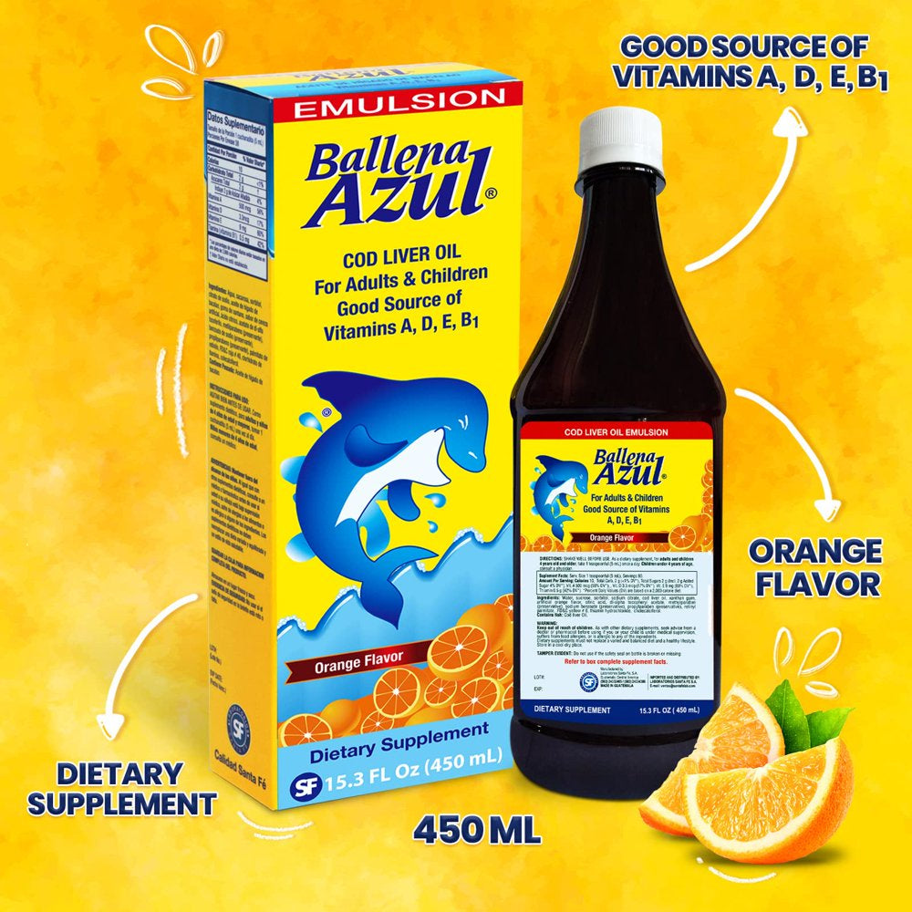 Ballena Azul Aceite De Hígado De Bacalao Para Adultos Y Niños, COD Liver Oil for Adults and Children, Good Source of Vitamins A,D,E, B1, Dietary Supplement, Omega 3, Inmune System Boost (ORANGE 15 OZ)