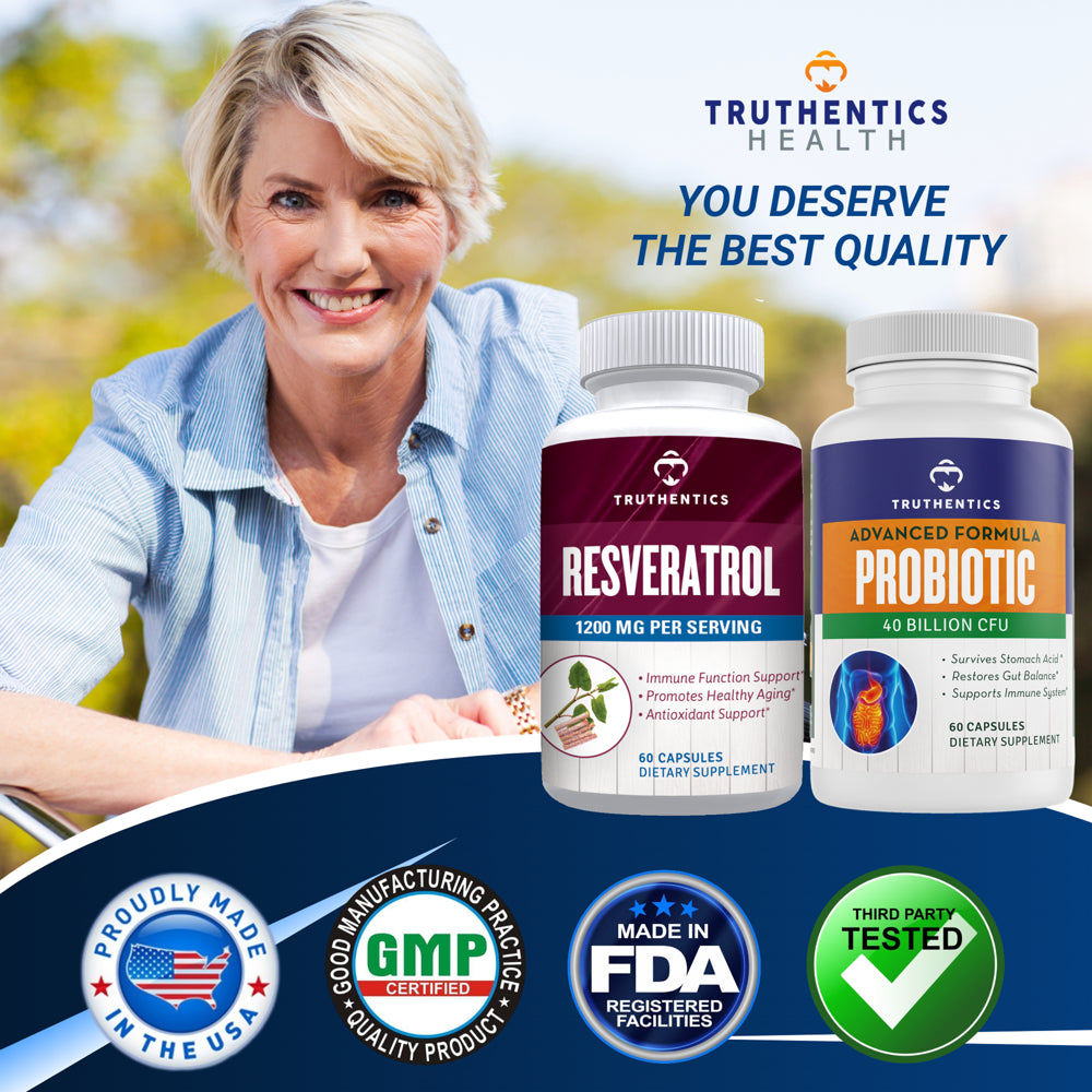 Truthentics Resveratrol 1200 MG plus Probiotic Immune Support Bundle - Healthy Aging, Heart & Gut Health - 60 Capsules Each