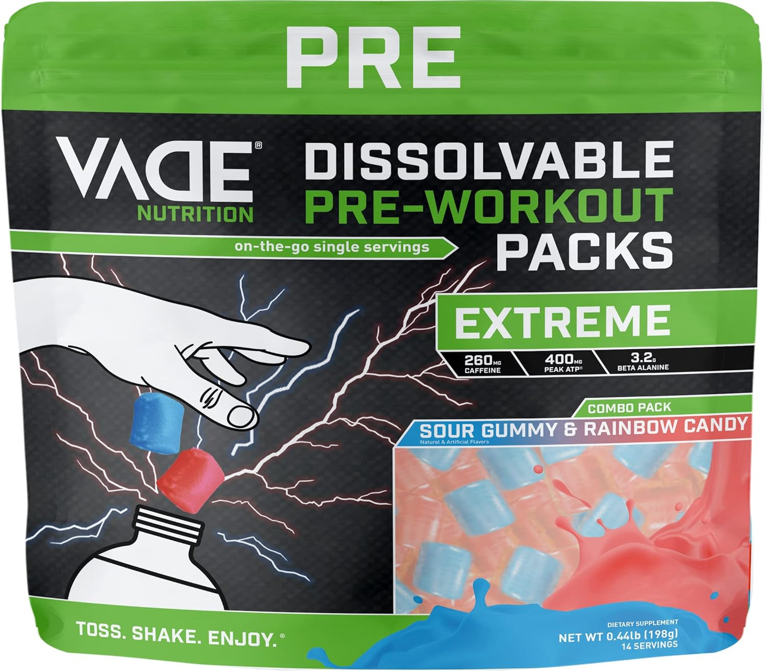 VADE Nutrition Dissolvable Extreme Pre Workout Powder Packs - Energy, Pump & Focus to Go Supplement for Men & Women - with Caffeine, Nitrosigine, Peak ATP, Beta Alanine - 28 Packets (Combo Pack)