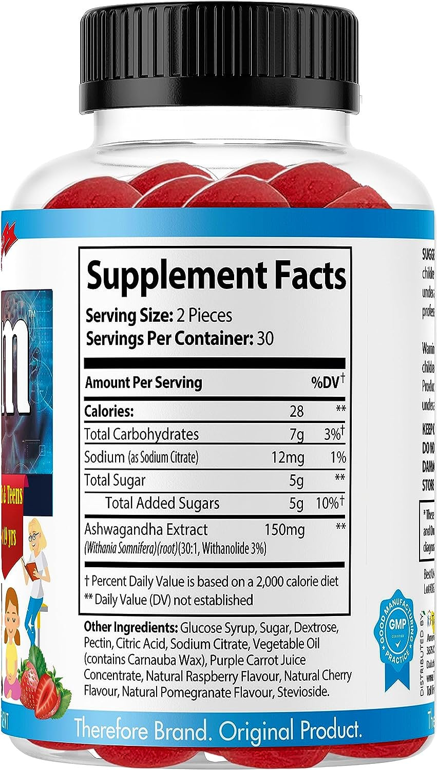 B.Calm Brain Focus Gummies for Kids with Ashwagandha Root Extract, Children Brain Supplement, Heart and Vision Support, Tasty Fruity Flavored 60Ct