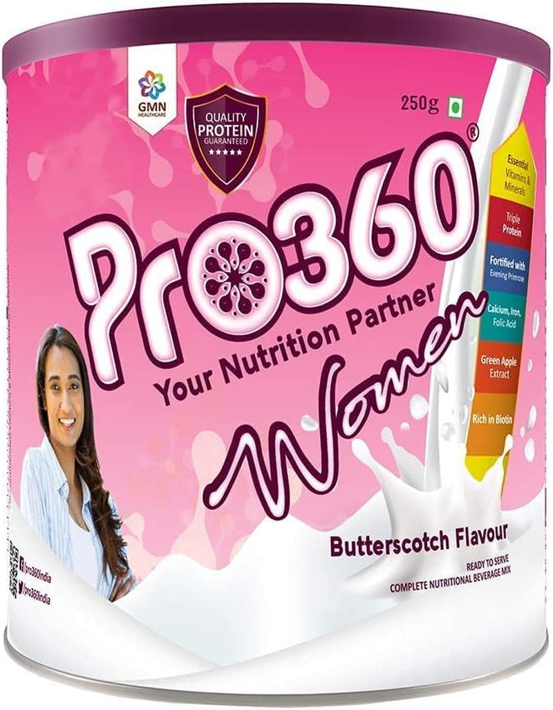 Pro360 Women Nutritional Protein Drink (Butterscotch Flavour) Complete Dietary Supplement for Women Wellness with Evening Primrose, 250 Gm