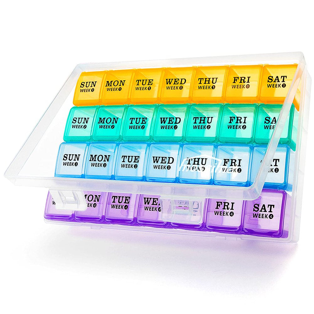 XL Large Monthly Pill Organizer 4 Weeks, 28 Day Pill Box Organizer Weekly, 7 Day Pill Dispenser 4 Times a Day, Medicine Organizer Box for Vitamin, Fish Oil Big Compartment Pill Box with Travel Case