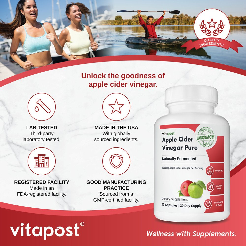 Vitapost Apple Cider Vinegar Pure Supplement, Naturally Fermented, No Harsh Taste - 60 Capsules