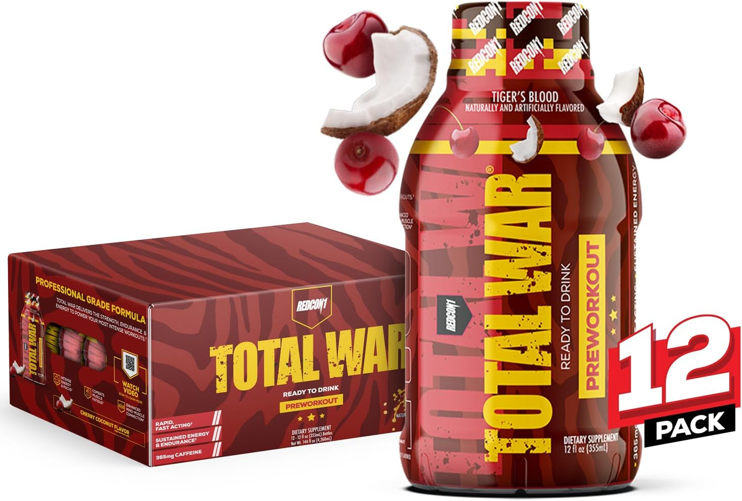 REDCON1 Total War Ready to Drink Pre Workout - Endurance Boosting, Keto Friendly RTD Formula - Amino Acid + Citrulline Malate Pre Workout Drink for Men & Women (Tiger'S Blood, 12 Servings)