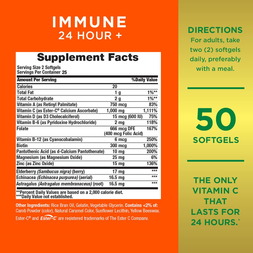 Nature'S Bounty Immune 24 Vitamin C, D & Zinc for Immune Support, 1000 Mg Softgels, 50 Count