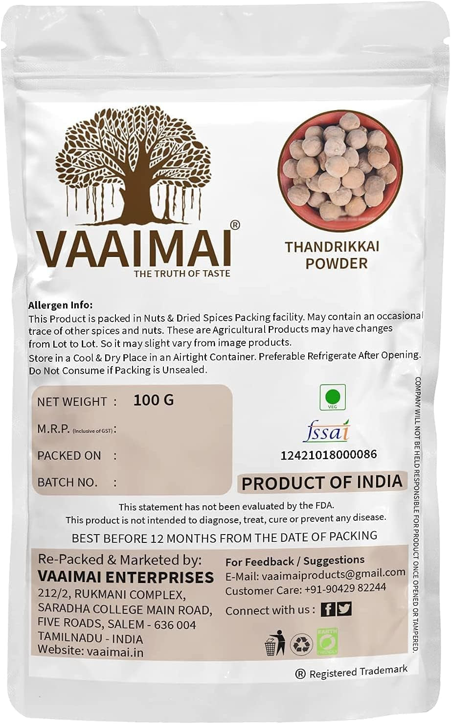 CROW VAAIMAI Thandrikkai Powder/Terminalia Belerica, 100G