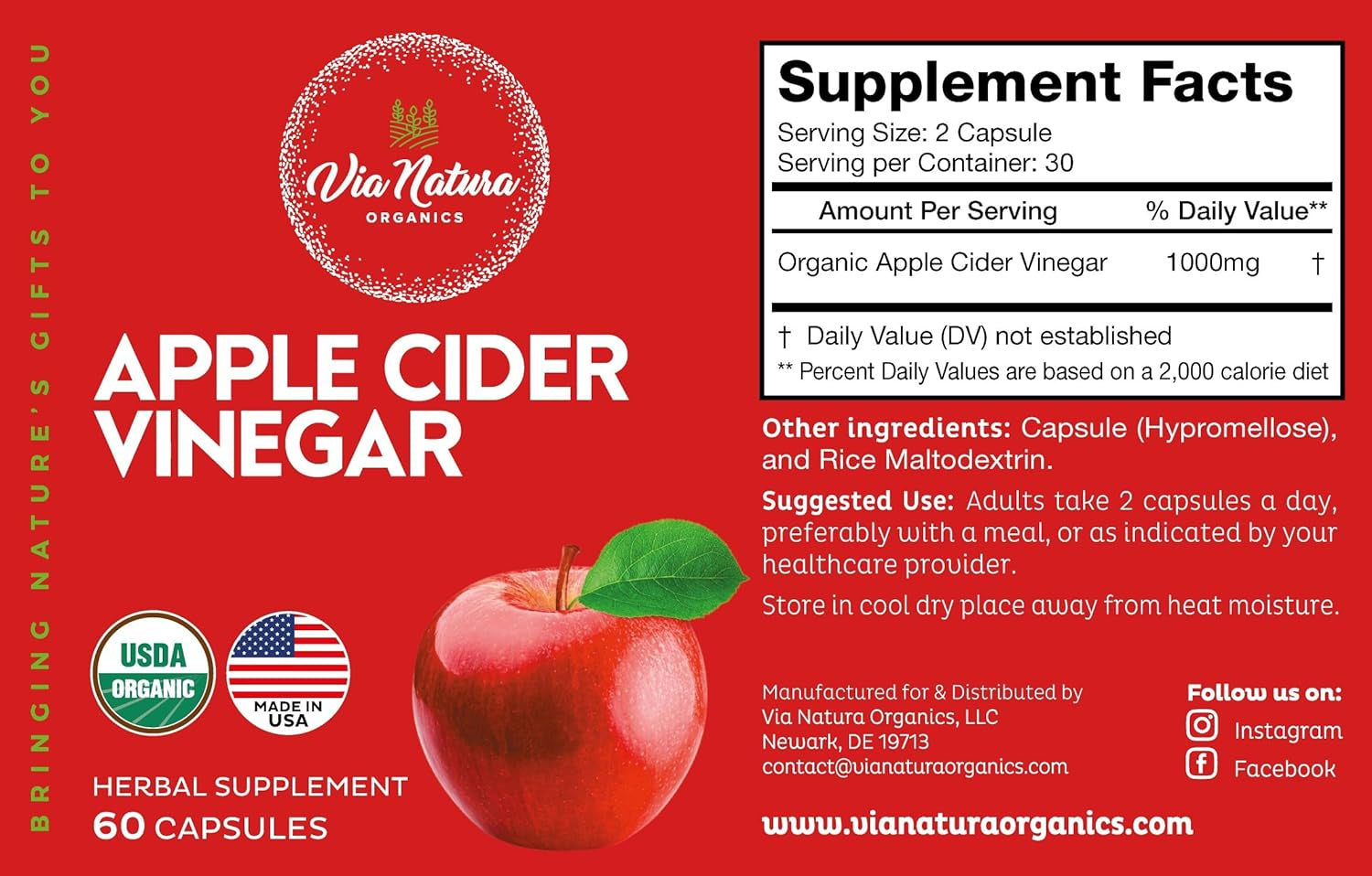 Via Natura Organics Apple Cider Vinegar Capsules 1000Mg | Organic Herbal Supplement | 60 Capsules