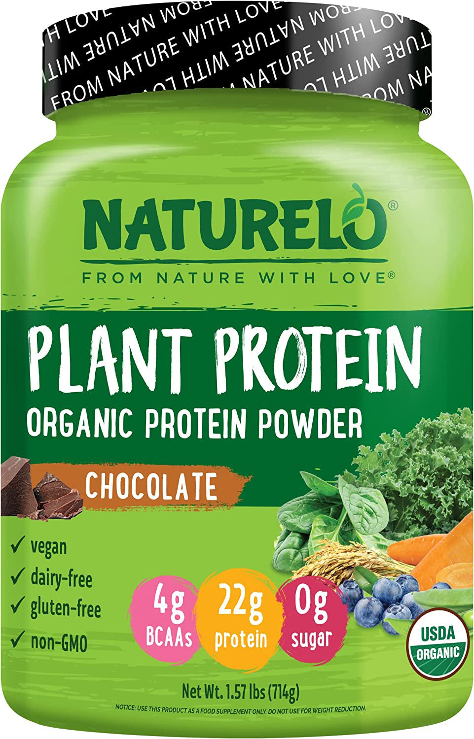 NATURELO Plant Protein Powder, Chocolate, 22G Protein - Non-Gmo, Vegan, No Gluten, Dairy, or Soy - No Artificial Flavors, Synthetic Coloring, Preservatives, or Additives - 20 Servings