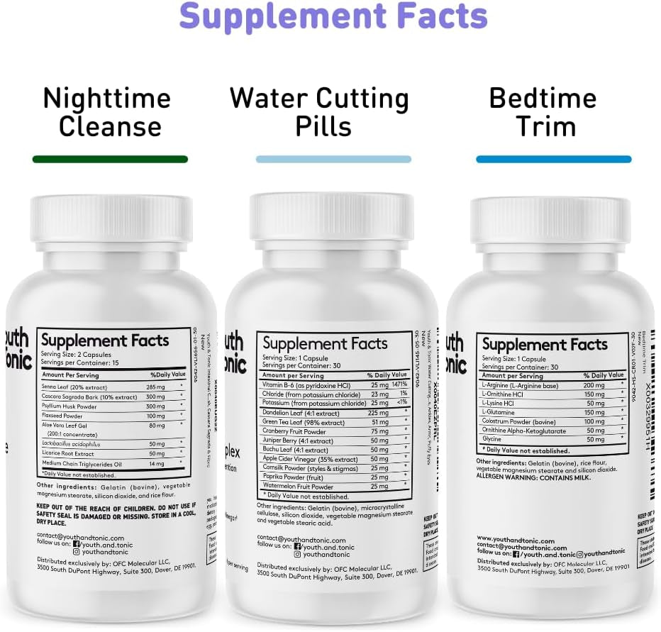 Youth & Tonic Sculpt Lean Cleanse 3 X Diet Pills W/Bedtime Trim & Water Weight Away & 15 Day Cleanser as Support for Protein Metabolism Energy Water Retention Loss & Belly Bloating for Women & Men