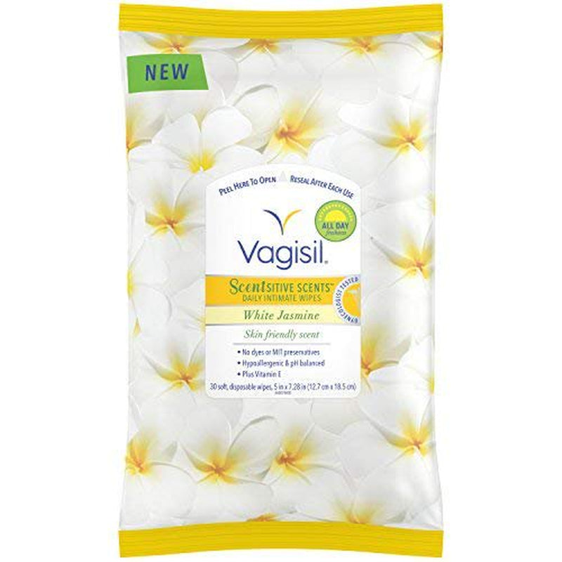 Vagisil Scentsitive Scents Daily Feminine Intimate Wipes for Women, Gynecologist Tested, White Jasmine, 30 Wipes