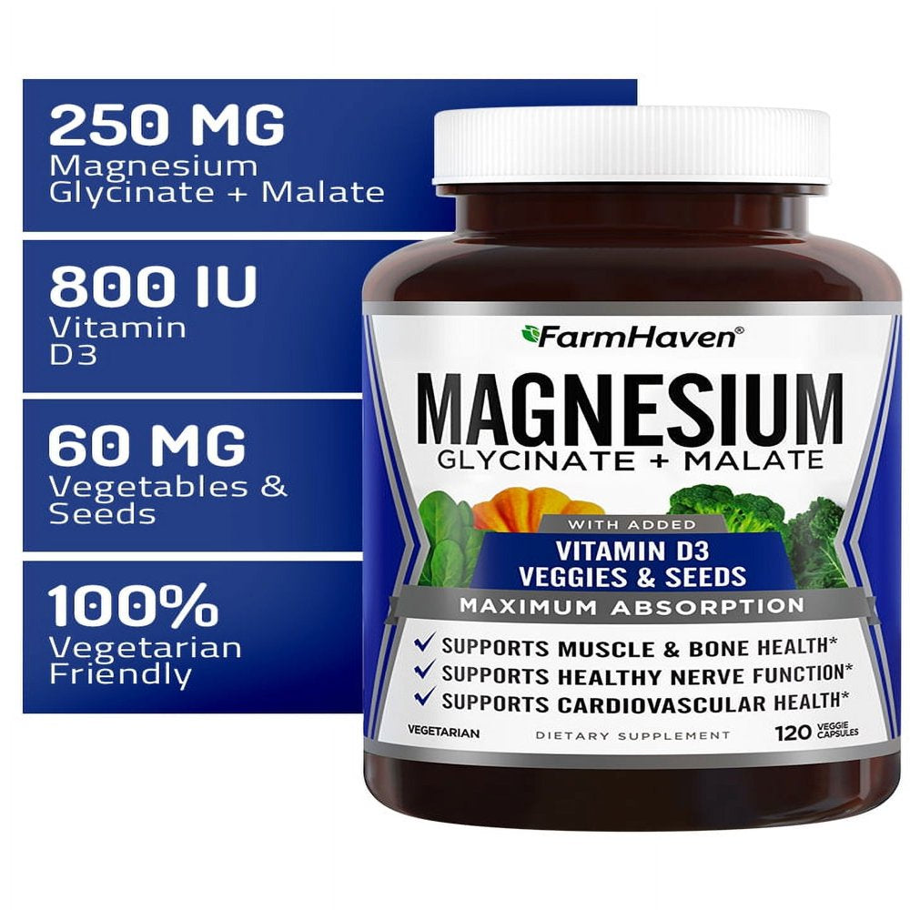 Magnesium Glycinate & Malate Complex W/Vitamin D3, 100% Chelated for Max Absorption, Vegetarian - Bone Health, Nerves, Muscles, 120 Capsules, 60 Days