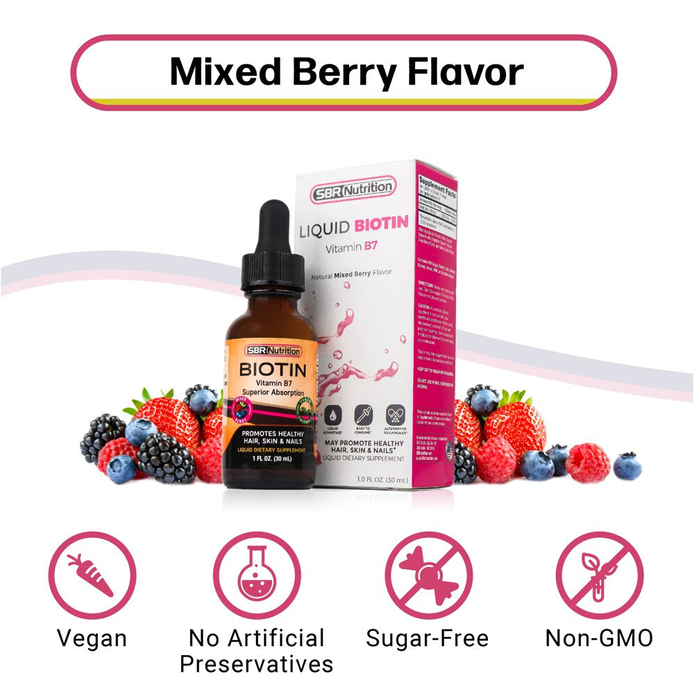 MAX ABSORPTION Biotin Liquid Drops (Mixed Berry), 5000 Mcg Biotin per Serving, 60 Servings, No Artificial Preservatives, Vegan Friendly, Support Healthy Hair, Strengthen Nails, Improve Skin Health
