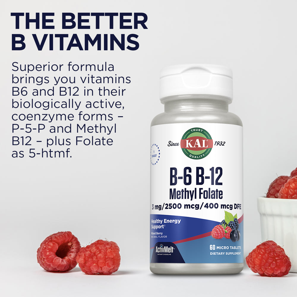 KAL B-6, B-12 Methyl Folate Activmelt | Healthy Heart & Energy Support | Natural Mixed Berry Flavor | Active, Coenzyme Forms | 60 Micro Tablets