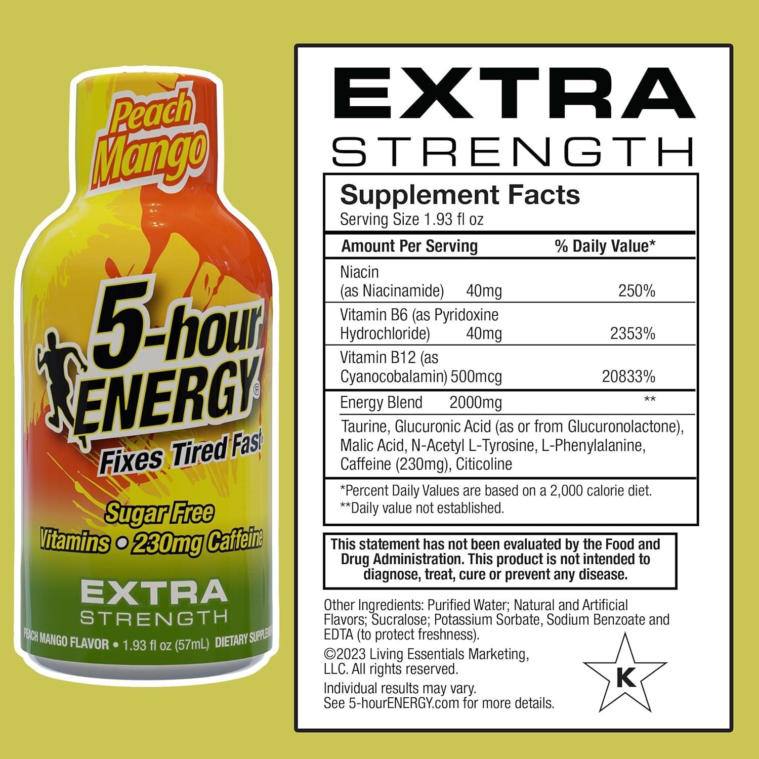 5-Hour ENERGY Extra Strength Energy Shot | Peach Mango Flavor | 1.93 Oz. | 24 Count | Sugar-Free & Zero Calories | B-Vitamins & Amino Acids | 230Mg Caffeinated Energy Shot | Dietary Supplement