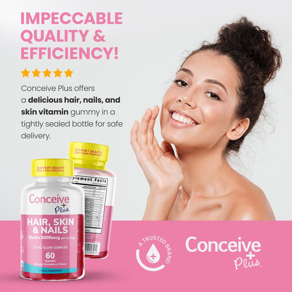 Conceive plus Hair Skin & Nails Gummies - Extra-Strength Biotin, VIT A, C, D3, E Vitamins - Vegan, Hair Growth Supplement - Gelatin-Free - 60 Count