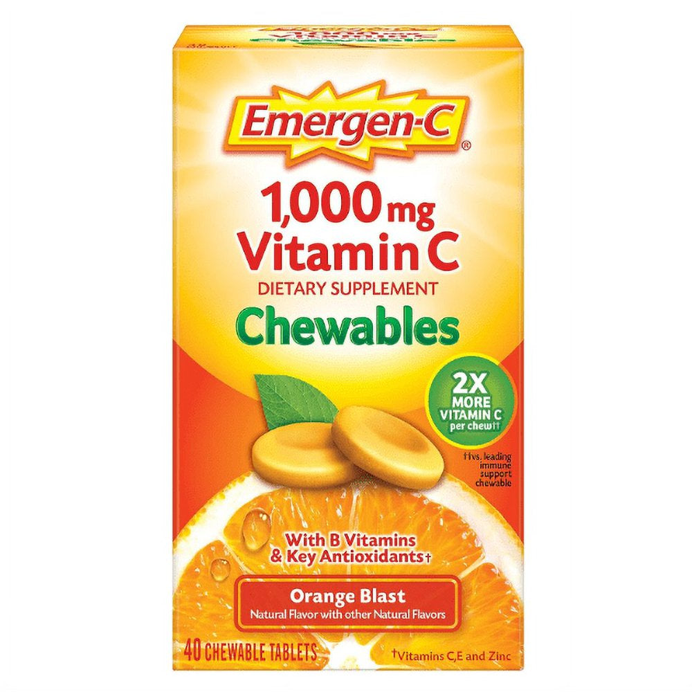 Emergen-C Chewable Vitamin C 1000Mg, with B Vitamins and Antioxidants Tablet (40 Count, Orange Blast Flavor), Dietary Supplement