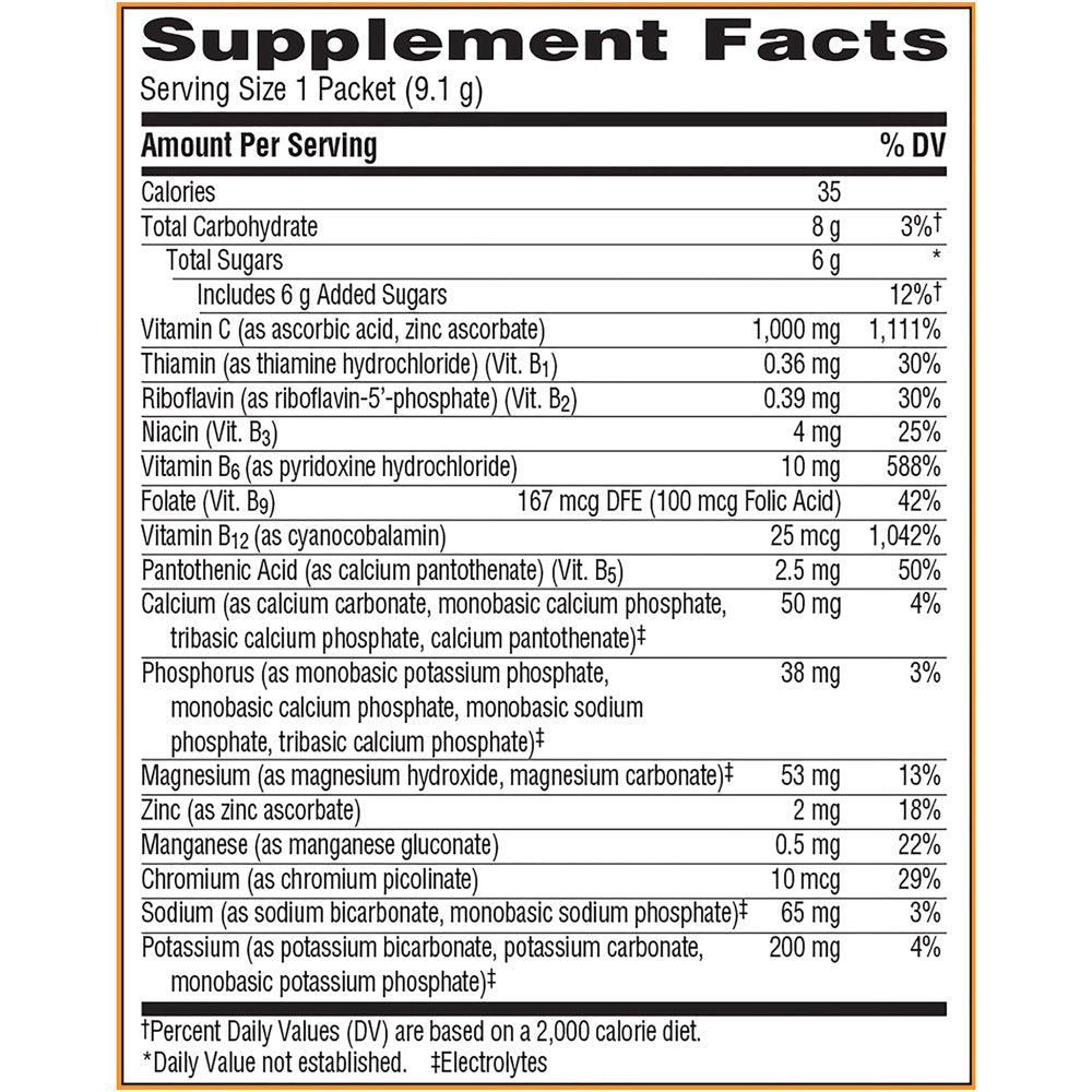 Emergen-C 1000Mg Vitamin C Powder, with Antioxidants, B Vitamins and Electrolytes for Immune Support, Caffeine Free Vitamin C Supplement Fizzy Drink Mix, Super Orange Flavor - 10 Count