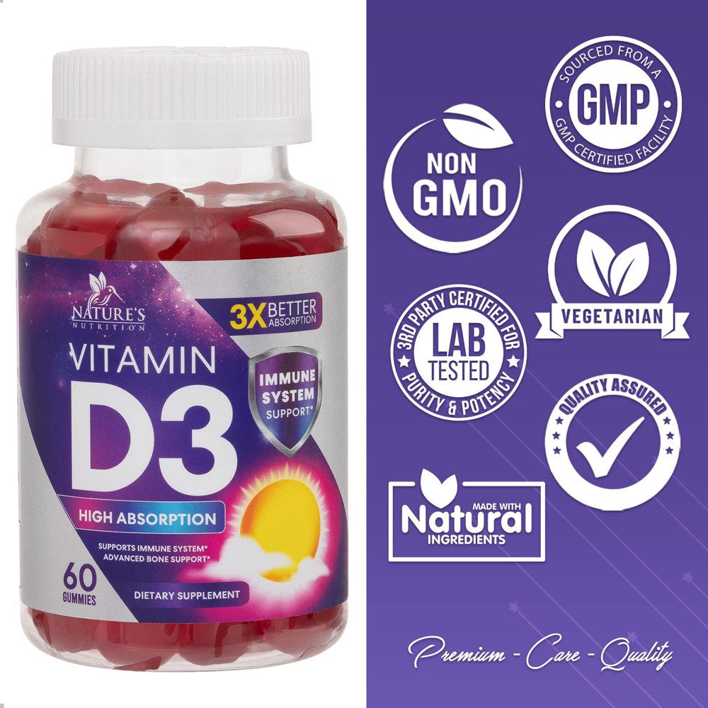 Vitamin D3 Gummy Vitamins Extra Strength 5000 IU (125 Mcg) High Potency Vita D Gummies Dietary Supplement - Bone, Teeth, Muscle & Immune Support, Nature'S Vitamin D Supplement, Non-Gmo - 60 Gummies