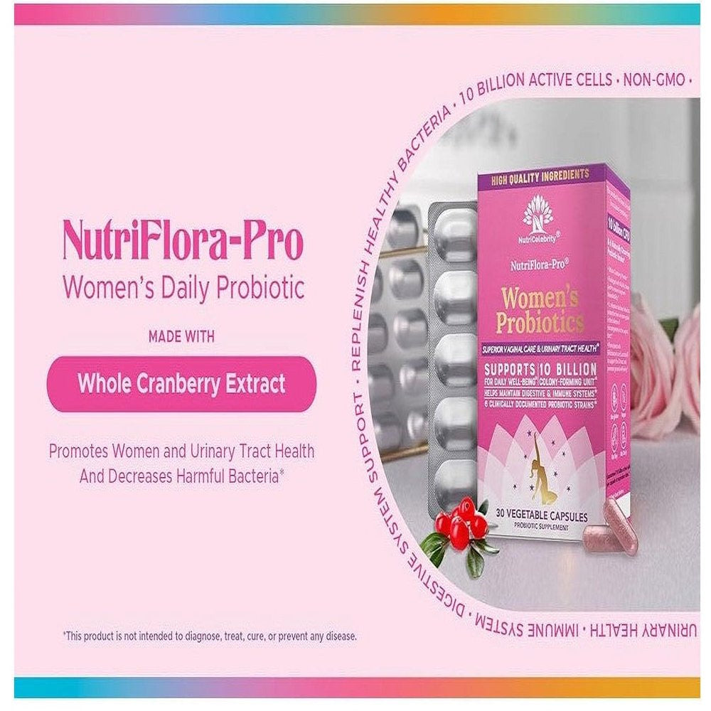 Nutricelebrity Nutriflora-Pro Probiotics for Women - Support Vaginal, Urinary Health (UTI), Digestive System, Period Pain, Yeast, and BV Relief, Cranberry Pills, 10 Billion CFU 6 Strains (60 Caps)