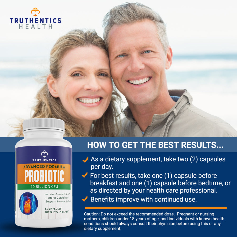 Truthentics Probiotic 40 Billion CFU Supplement with Prebiotics (2 Pack) for Women and Men- Stomach Acid Protection - No Refrigeration Needed - 120 Capsules