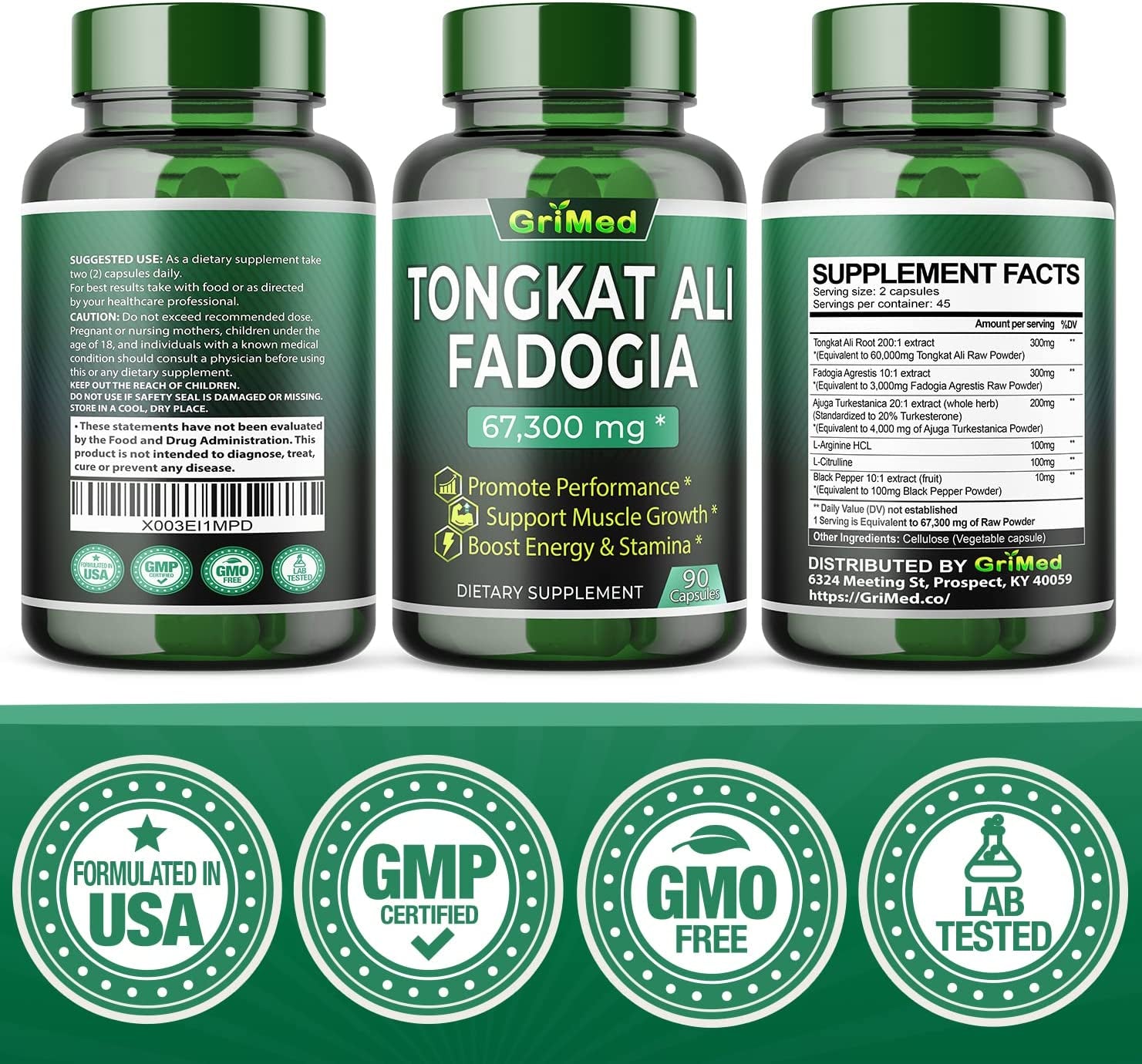 Grimed 67300Mg 200X Concentrated Extract Tongkat Ali + Fadogia Agrestis - Performance Energy Support with Turkesterone, L-Arginine, L-Citrulline (90 Count (Pack of 1))