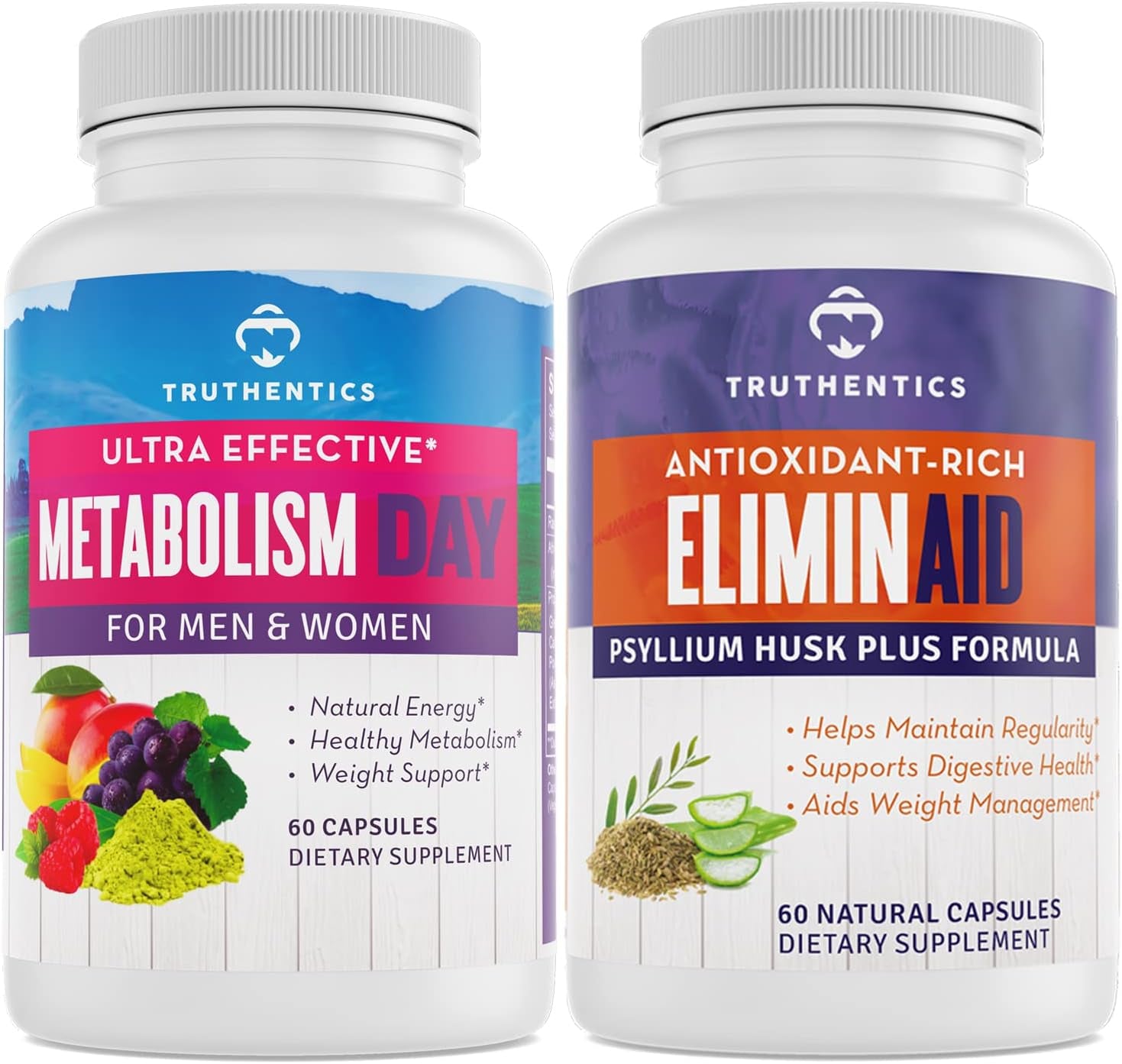 TRUTHENTICS Metabolism Day Eliminaid Bundle - Metabolism Energy Booster plus Colon Cleanser for Constipation & Bloating Relief - for Men & Women - 60 Capsules per Bottle