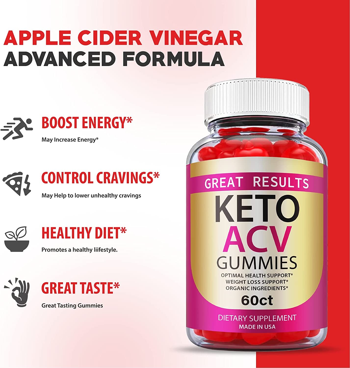 (3 Pack) Great Results Keto ACV Gummies - Vegan 1000Mg Apple Cider Vinegar, Advanced Formula, Vitamin B (180 Gummies)