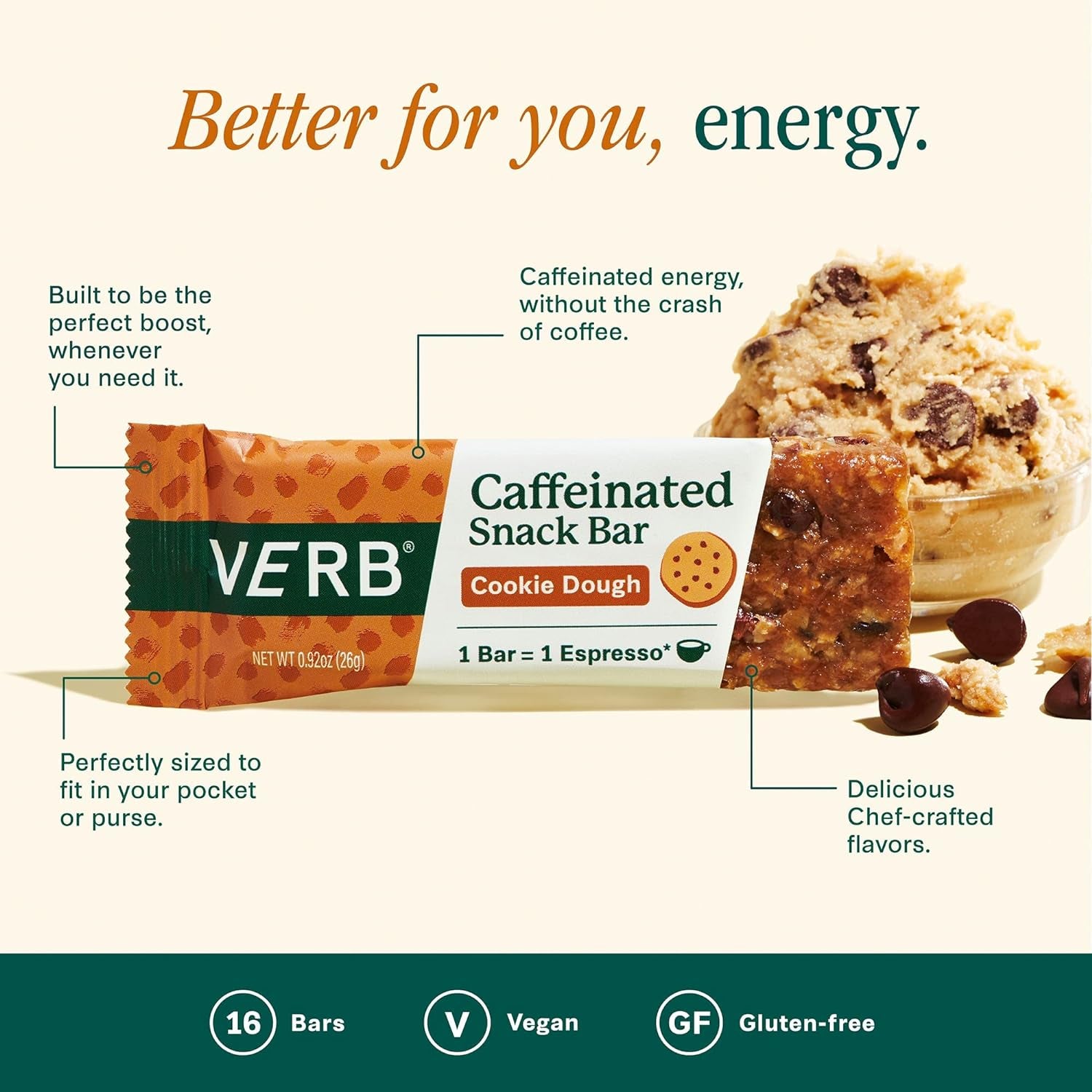 Verb Energy - Cookie Dough Caffeinated Snack Bars - 90-Calorie 2G Sugar Energy Bar - Keto Friendly Nutrition Bars - Vegan Snacks - Gluten Free with Organic Green Tea, 26G (Pack of 16)