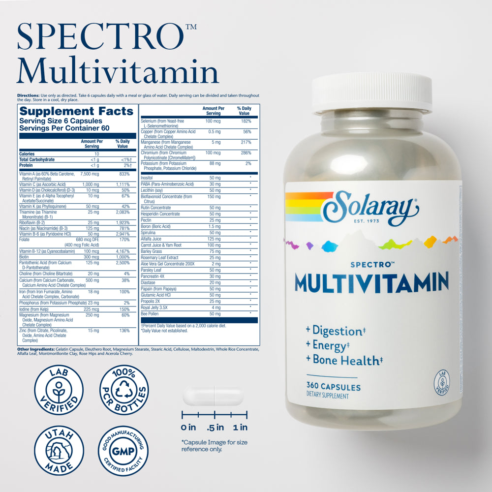 Solaray Spectro Multivitamin with Iron | Cal/Mag, Energizing Greens & Herbs with Digestive Enzymes | 360 Caps | 60 Serv.