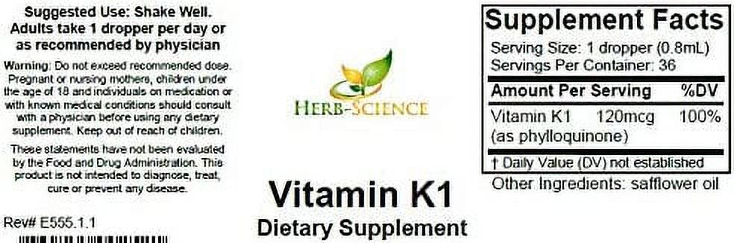 Herb-Science Liquid Vitamin K1 Drops, 1 Fluid Ounce, Supports the Blood, Bones, Intestines, Liver, Skin. Alcohol Free