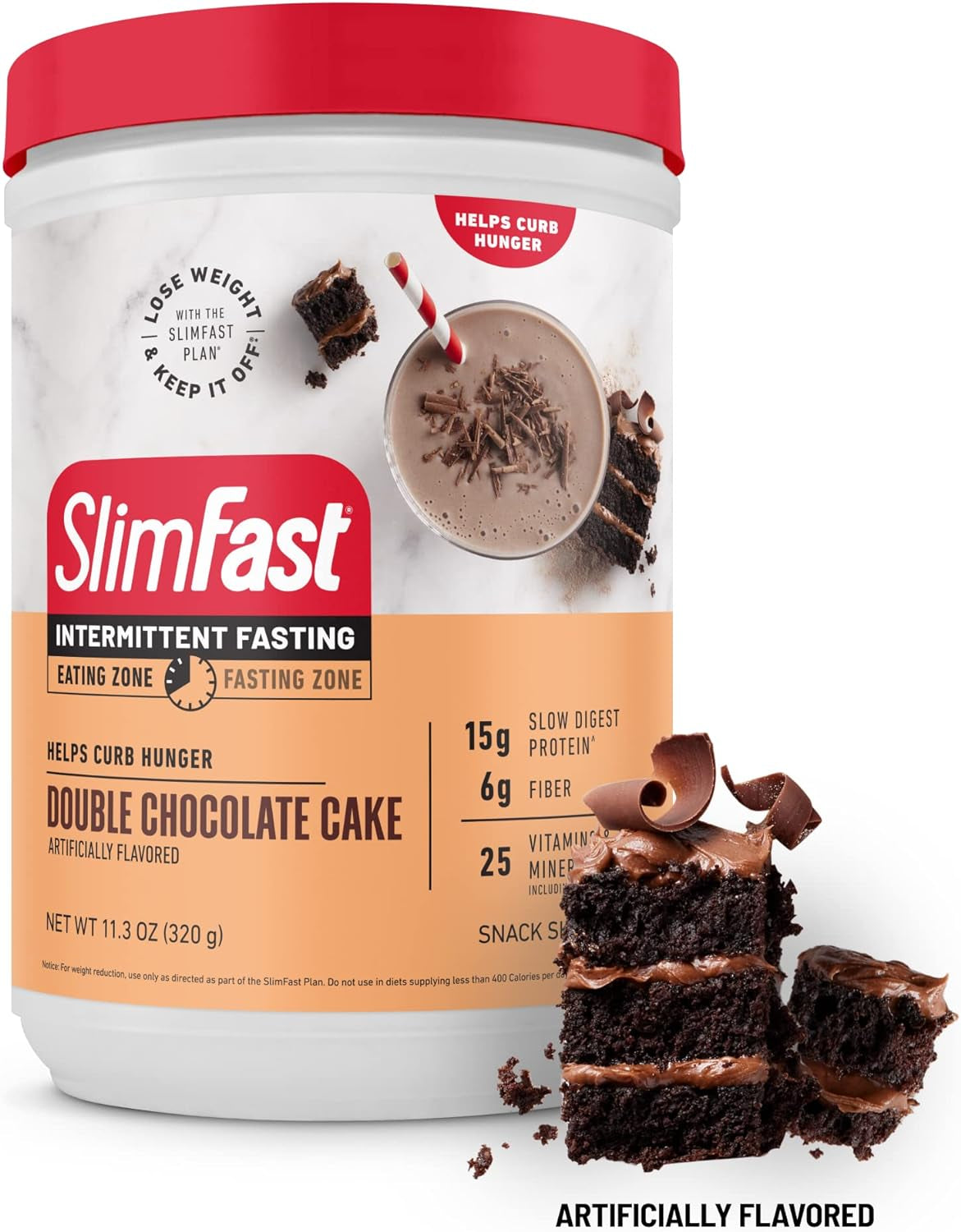 Slimfast Intermittent Fasting, Casein Protein Powder, Biotin with Vitamin & Mineral Bend, with Fiber, No Added Sugar, Snack Shake Mix- Double Chocolate Cake, 10 Servings (Pack of 2)