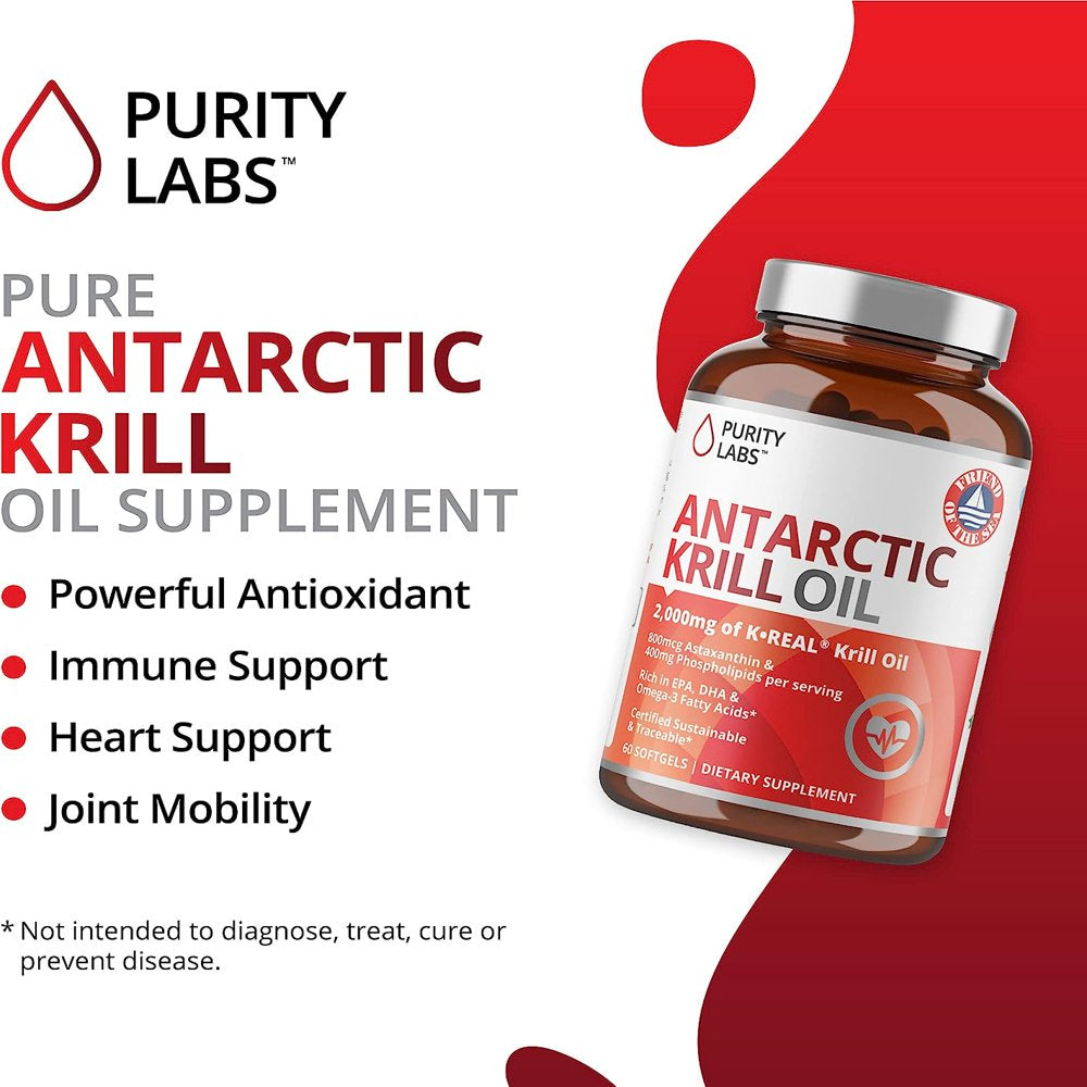 Purity Labs Krill Oil Heart Health & Brain Supplement with Omega 3 & Astaxanthin, 60 Softgels