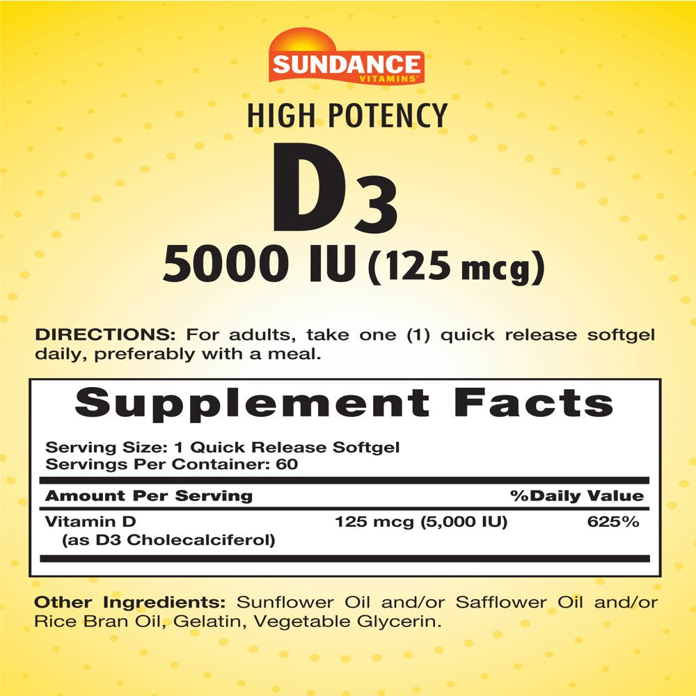 D3 5,000 IU (125 Mcg) | 60 Quick Release Softgels | High Potency Essential Vitamin Supplement | Non-Gmo and Gluten Free | by Sundance