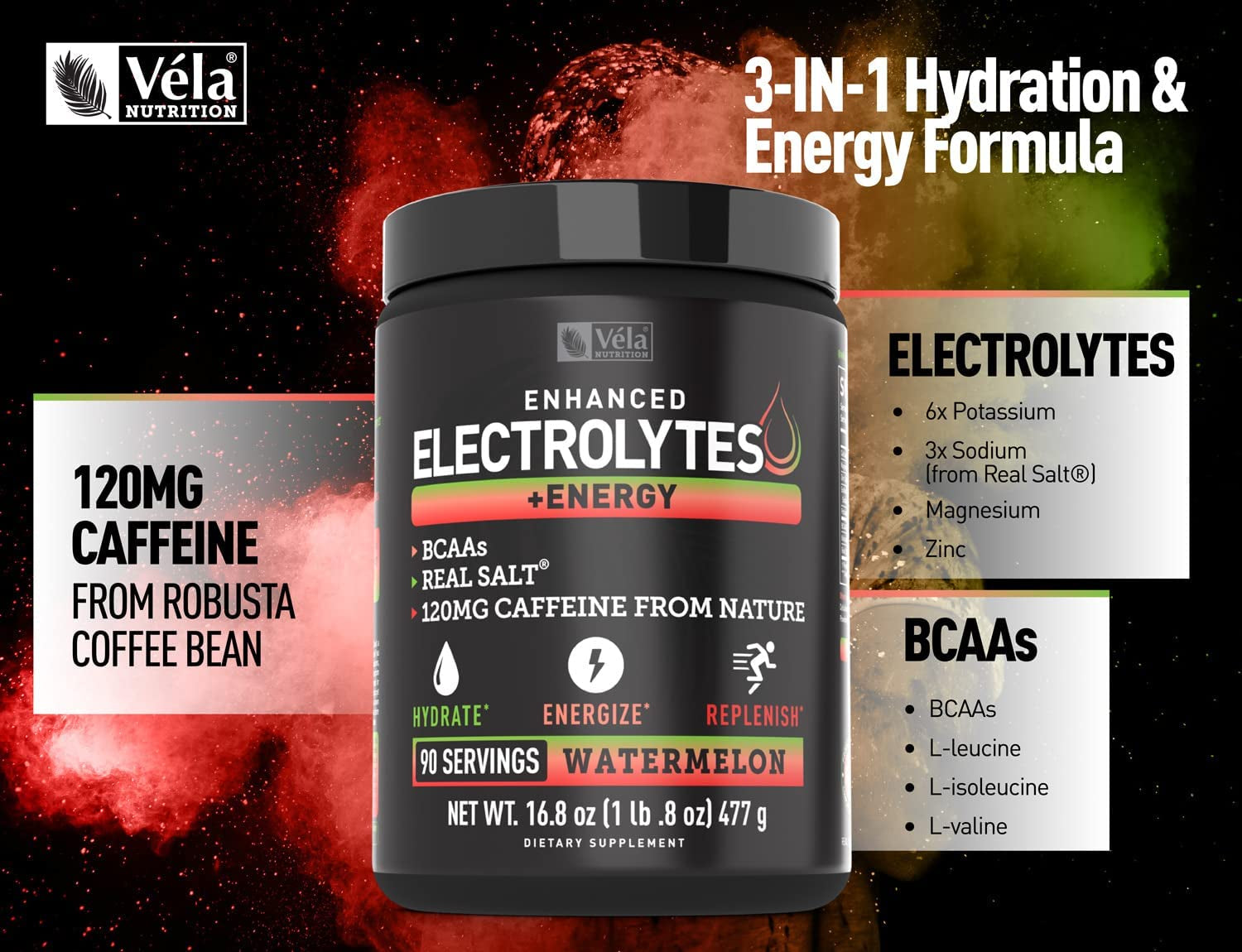 Vela Electrolyte Powder Recovery Drink + Energy (90 Servings | Watermelon) W Real Salt +Bcaas Sugar Free Electrolyte Supplement W Potassium Zinc