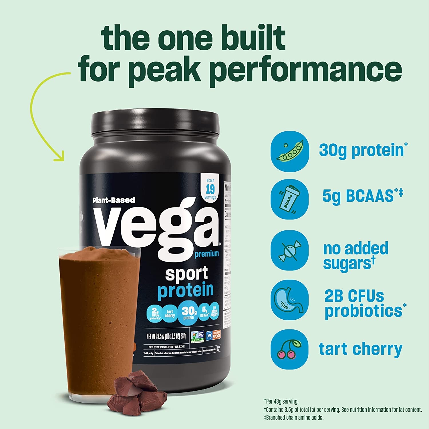 Vega Sport Premium Protein Powder, Chocolate, Vegan, 30G Plant Based, 5G Bcaas, Low Carb, Keto, Dairy Free, Gluten Free, Non GMO, Pea Protein for Women and Men, 4.36 Pounds (45 Servings) (Pack of 6)