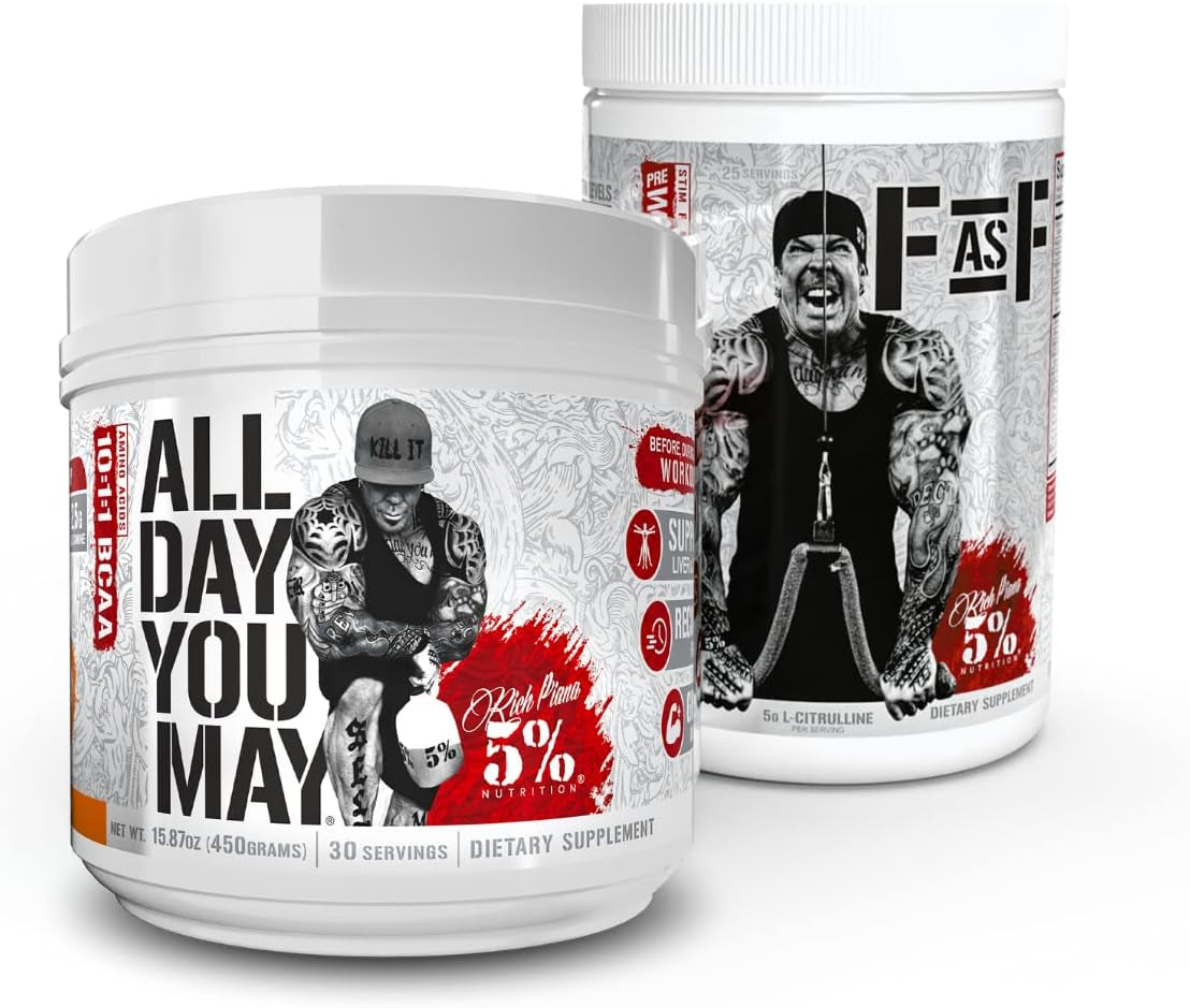 5% Nutrition Rich Piana Bundle | Alldayyoumay Amino Acid BCAA Powder + Fasf Stim-Free NO Booster Pre-Workout (Push Pop)