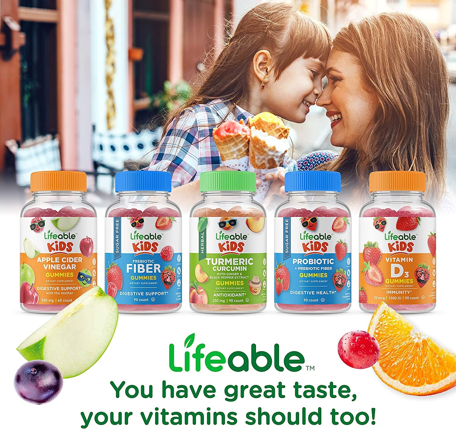 Lifeable Probiotics 5 Billion Kids + Prebiotic Fiber Kids, Gummies Bundle - Great Tasting, Vitamin Supplement, Gluten Free, GMO Free, Chewable Gummy