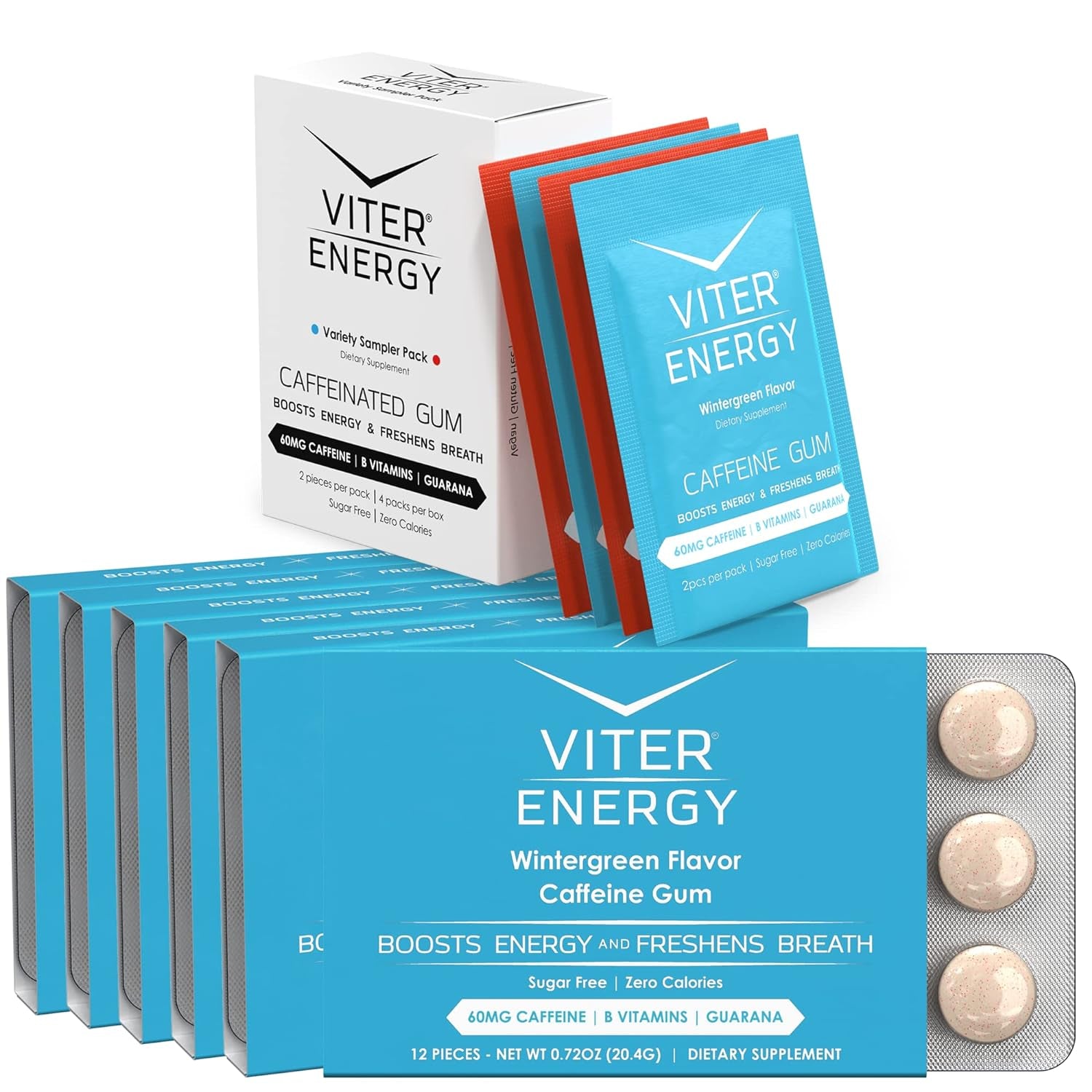 Viter Energy Caffeine Gum Wintergreen Flavor 6 Pack and Caffeine Gum Variety Flavor Sampler Pack Bundle - 60Mg Caffeine, B Vitamins, Guarana, Sugar Free, Vegan, Chewing Gum, Powerful Energy Booster