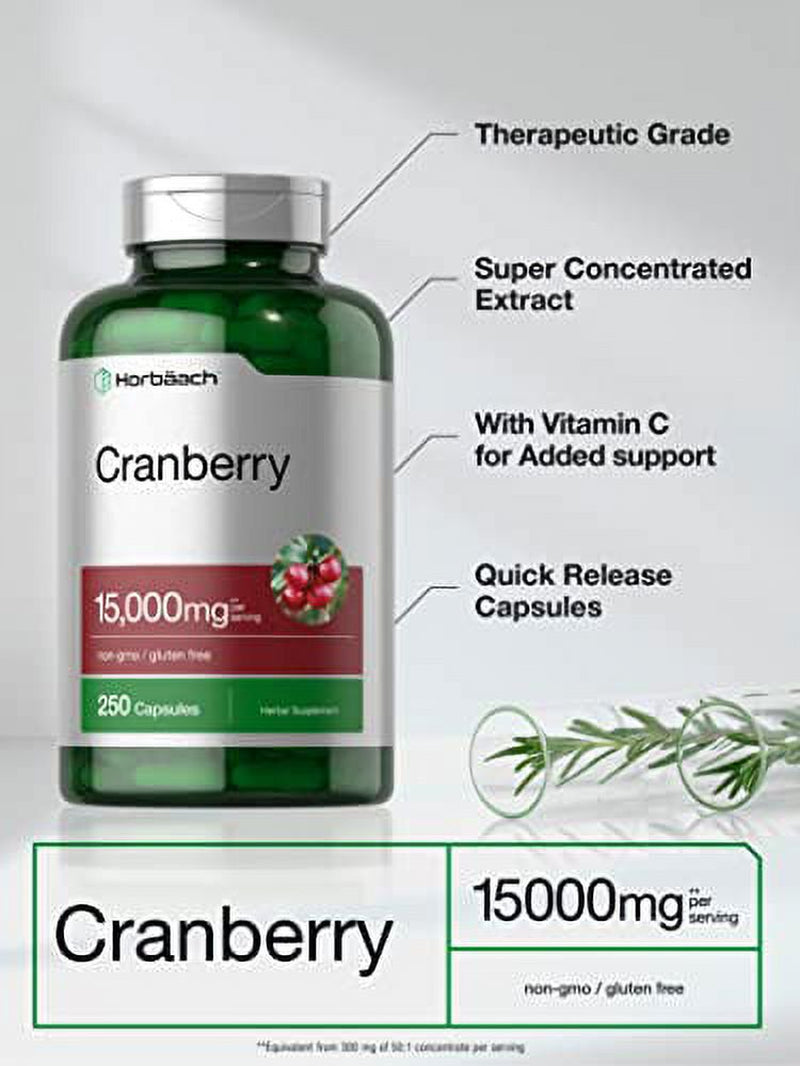 Cranberry + Vitamin C | 15,000Mg | 250 Capsules | Non-Gmo and Gluten Free Cranberry Pills Supplement from Concentrate Extract | by Horbaach