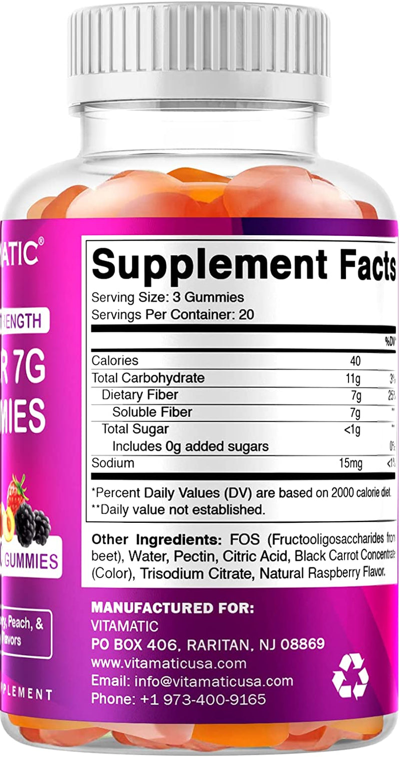 Vitamatic 2 Pack Prebiotic Fiber Gummies for Adults - 7G Fiber Extra Strength - Zero Sugar Added - 60 Pectin Based Gummies - Digestive Health & Regularity Support