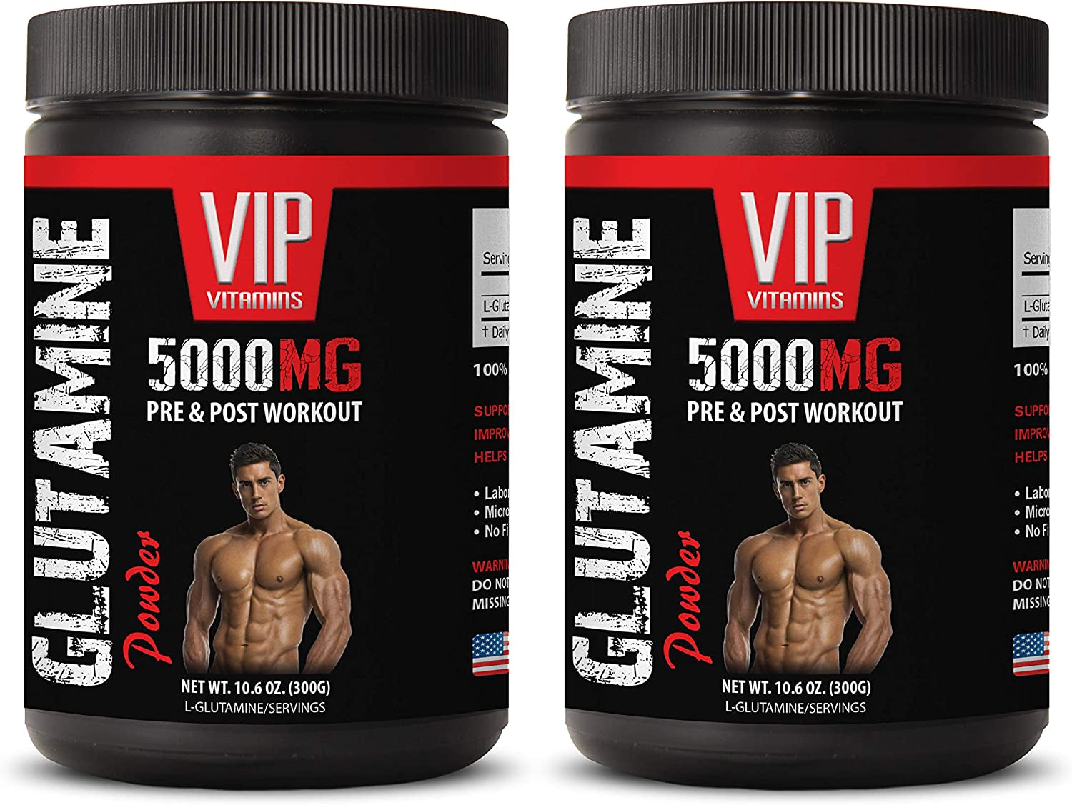 VIP VITAMINS Post Workout Recovery - GLUTAMINE Powder 5000MG, PRE & Post Workout - Muscle Pump Pre Workout, 2 Cans 600 Grams