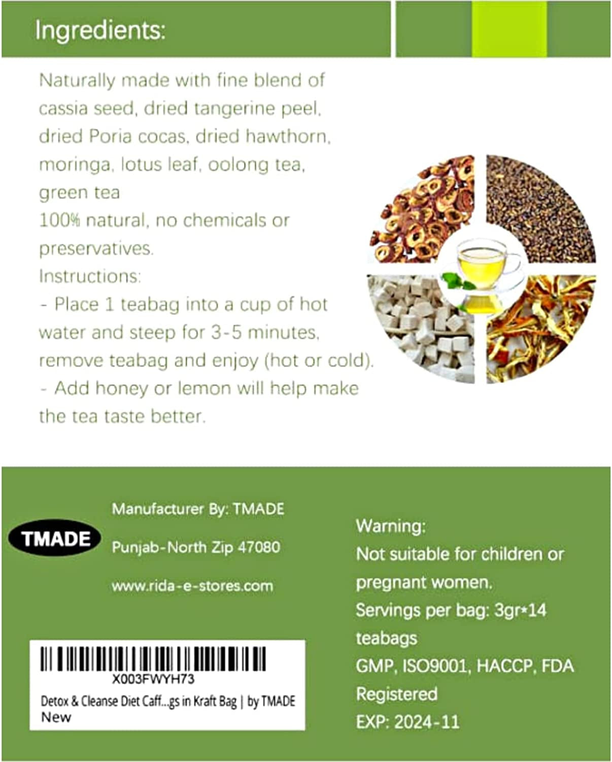 TMADE Detox Colon Cleanse - Teatox, Tea,Flat,Body,Tummy,Digestion,Metabolism,Belly, Relief,Caffeine-Free,Non-Gmo, 100% Herbal,14-Tea Bags in Kraft Bag