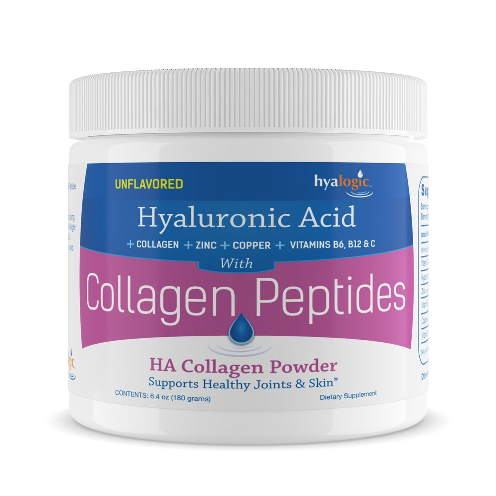 Hyalogic Collagen Peptides Powder W/Hyaluronic Acid, Hydrolyzed Types 1 & 3, Grass Fed, Keto Protein Powder Supplement for Hair Growth, Skin, Nails, Joints Unflavored Easy to Mix 6.4 Oz (180 Gr.)