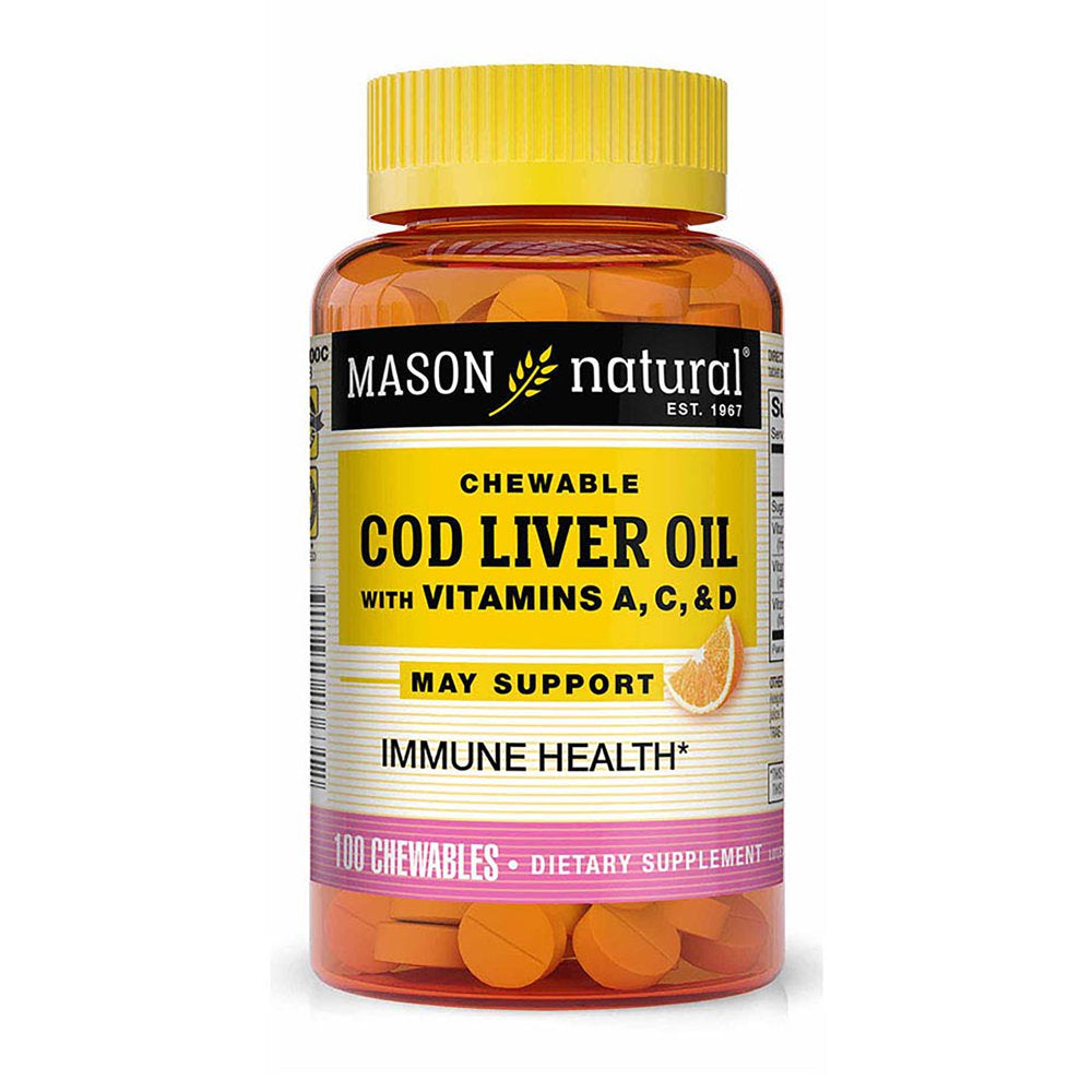 Mason Natural Cod Liver Oil with Vitamin A, C, & D Chewables (Orange Flavor) - Support Heart, Brain, Eye, Skin & Immune System*, 100 Tablets