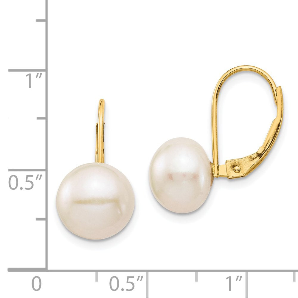 14K 9-10Mm White Button Freshwater Cultured Pearl Leverback Earrings XF716E