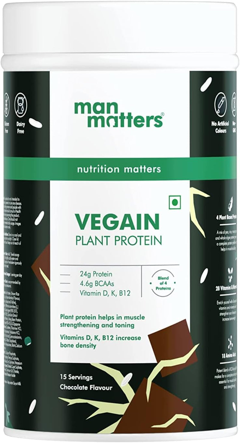 Man Matters VEGAIN Plant Protein Powder for Men | 100% Vegetarian | Made with Pea, Brown Rice, Moong Bean and Whole Algae | Gluten Free, Dairy Free & Soy Free | 500 Grams