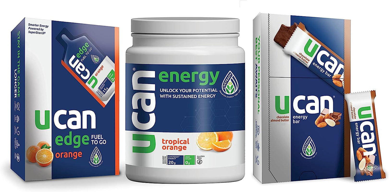 UCAN Orange Edge, Orange Energy Powder, & Chocolate Almond Bars - Sugar Free Pre Workout Powder for Men & Women Bundle - No Added Sugar, Soy-Free, Non-Gmo, Vegan, Gluten-Free, & Keto-Friendly