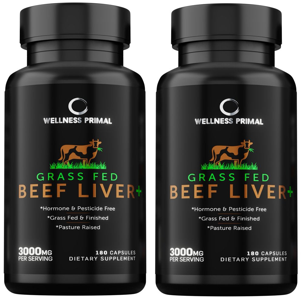 Wellness Primal Beef Liver plus Supplement (Desiccated) Grass Fed , Argentinian Raised Cattle Natural Iron, Vitamin A, B12 for Energy (180 Capsules) (2 Bottle)