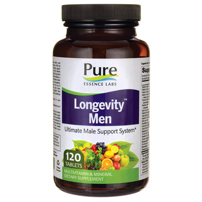 Longevity Men 50+ Multivitamin - Whole Food Supplement with Superfoods, Minerals, Enzymes, Vitamin D, D3, B12, Biotin by Pure Essence - 120 Tablets